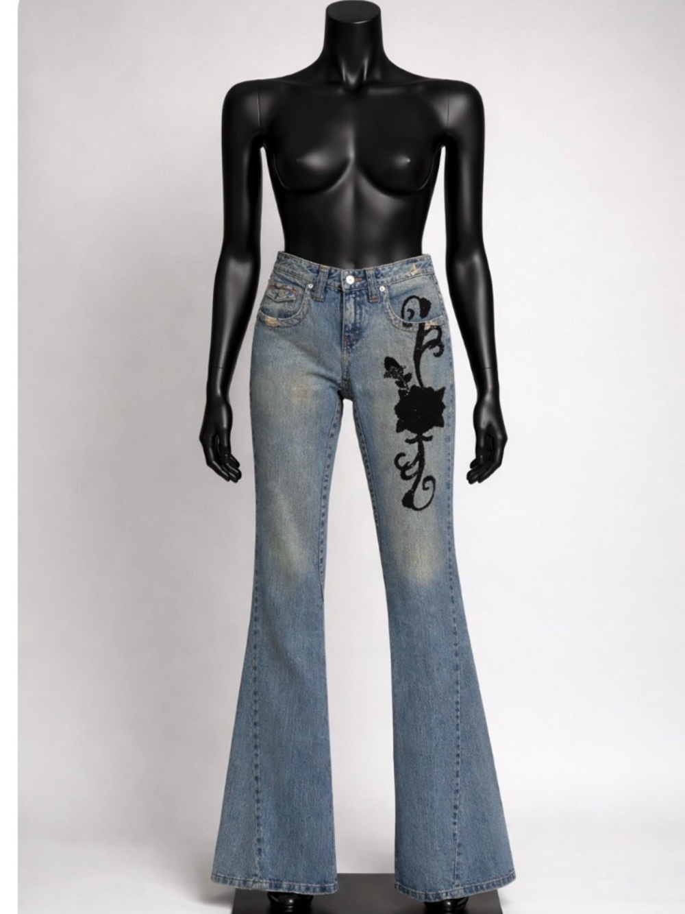 Le Jealous Stylish Blue Jeans with Black Floral Design size 40